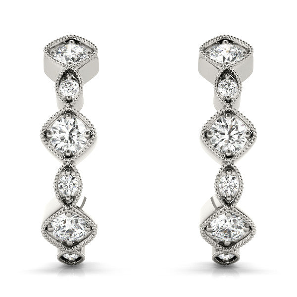 Silver Milgrain Cushion and Marquise Diamond Hoop Earrings