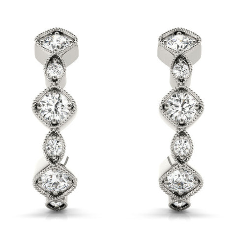 White gold Milgrain Cushion and Marquise Diamond Hoop Earrings 2
