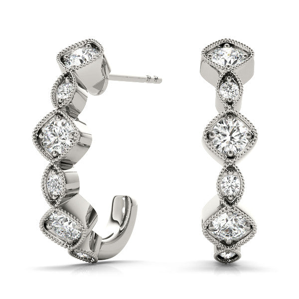 White gold Milgrain Cushion and Marquise Diamond Hoop Earrings