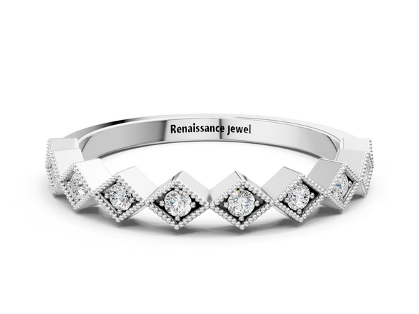 Platinum Milgrain Diamond Geometric Stackable Band with Round Cut Stones and Bezel Setting