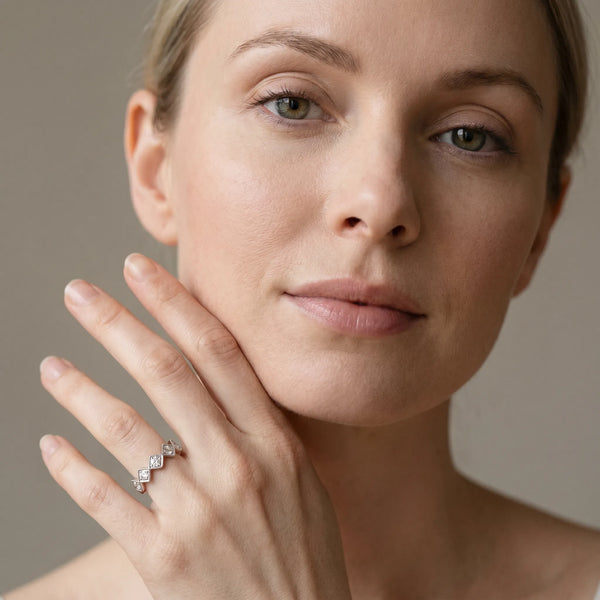 Platinum Milgrain Diamond Geometric Stackable Band with Round Cut Stones and Bezel Setting