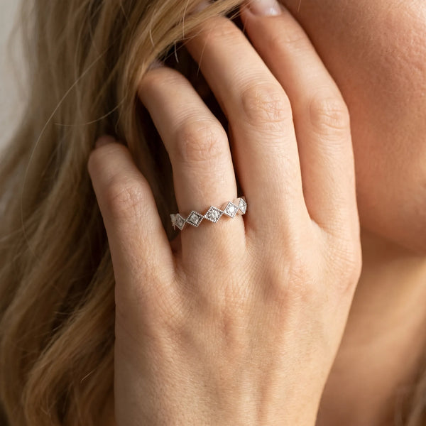 White gold Milgrain Diamond Geometric Stackable Band with Round Cut Stones and Bezel Setting