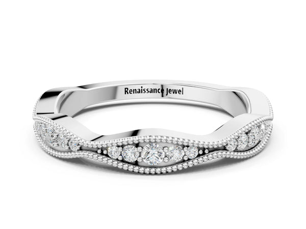 White gold Milgrain Diamond Marquise Curved Band with Pavé Setting