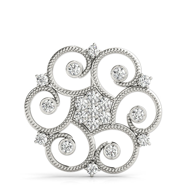 14K White Gold 1.67 Carat E VS Milgrain Diamond Round Swirl Pendant with Prong Setting
