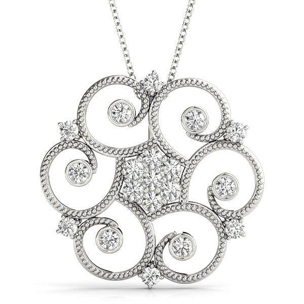 White gold Milgrain Diamond Round Swirl Pendant with Prong Setting