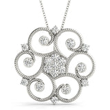 14K White Gold Milgrain Diamond Round Swirl Pendant with Prong Setting