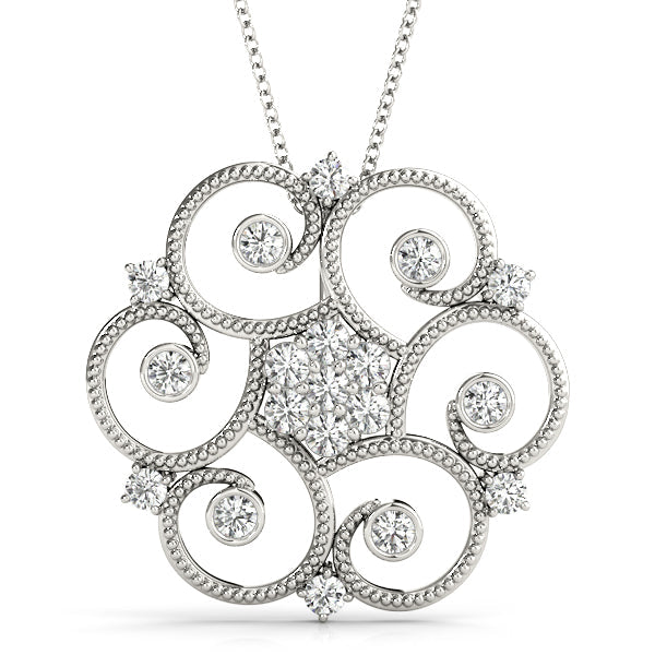 14K White Gold 1.67 Carat E VS Milgrain Diamond Round Swirl Pendant with Prong Setting