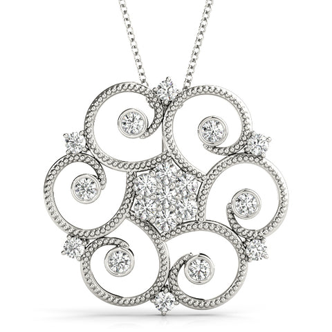 White gold Milgrain Diamond Round Swirl Pendant with Prong Setting