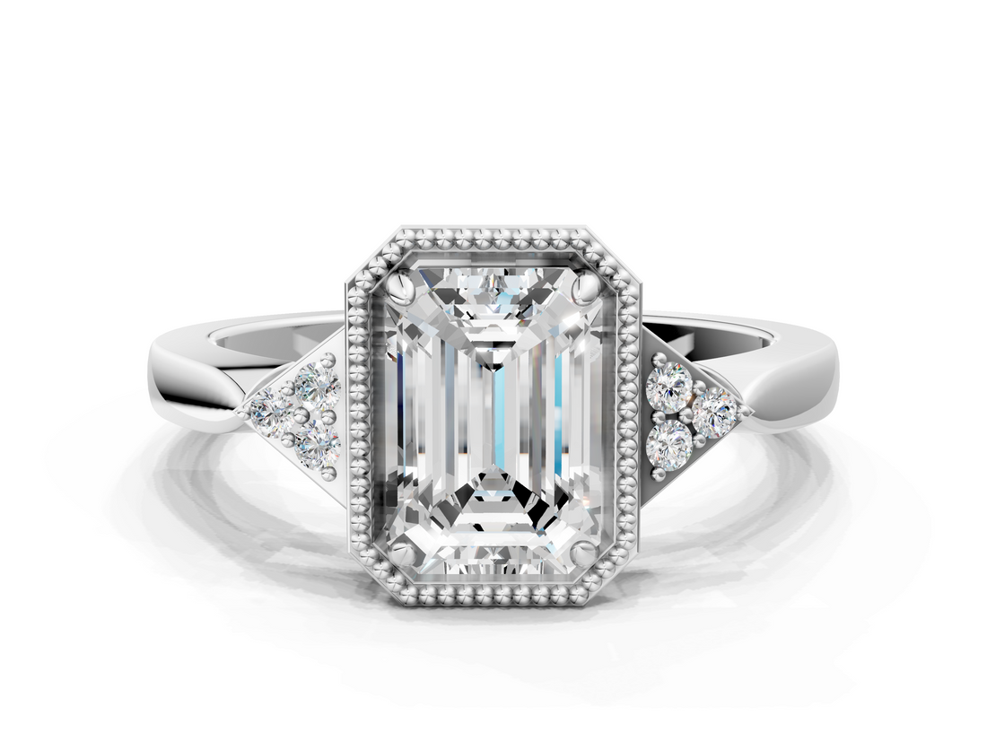 White gold Milgrain Emerald Cut Diamond Ring with Tapered Pave Band and Four Prong Setting_28