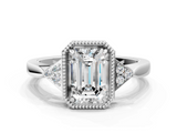 White gold Milgrain Emerald Cut Diamond Ring with Tapered Pave Band and Four Prong Setting_28