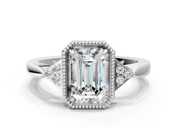 White gold Milgrain Emerald Cut Diamond Ring with Tapered Pave Band and Four Prong Setting