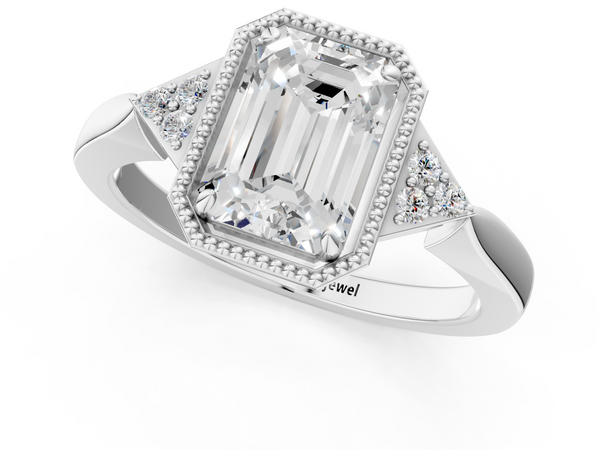White gold Milgrain Emerald Cut Diamond Ring with Tapered Pave Band and Four Prong Setting