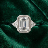 White gold Milgrain Emerald Cut Diamond Ring with Tapered Pave Band and Four Prong Setting_46