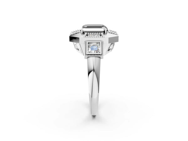 White Gold Asscher Cut Vintage Milgrain Halo Engagement Ring Setting for Black Center