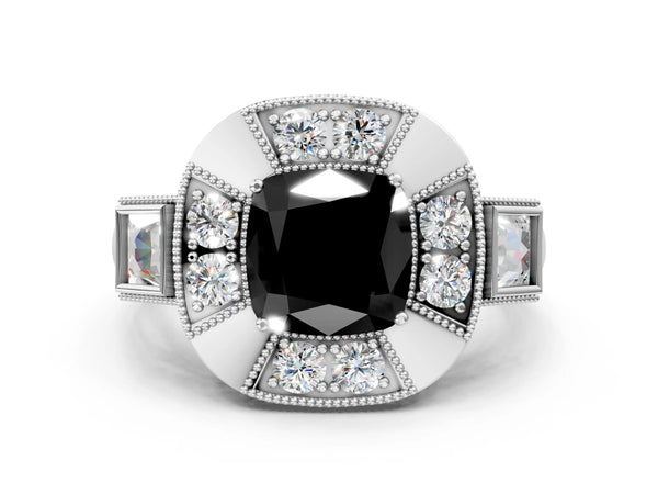 White Gold Cushion Cut Vintage Milgrain Halo Engagement Ring Setting for Black Center