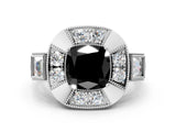 White gold Milgrain Fancy Black Cushion Cut Diamond Halo Split Shank Ring