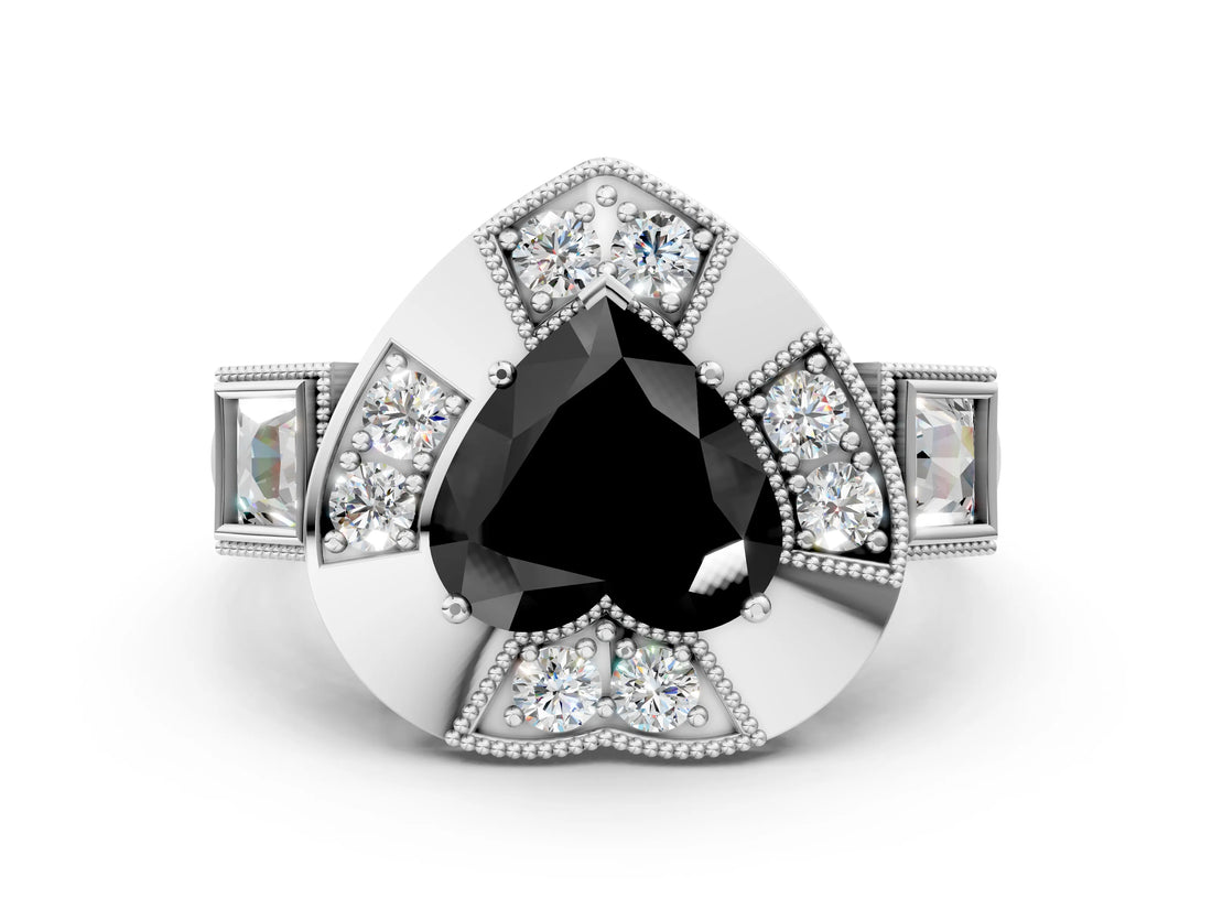 White gold Milgrain Fancy Black Heart Cut Diamond Halo Split Shank Ring_6