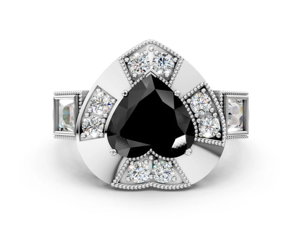 White Gold Heart-Shaped Vintage Milgrain Halo Engagement Ring Setting for Black Center