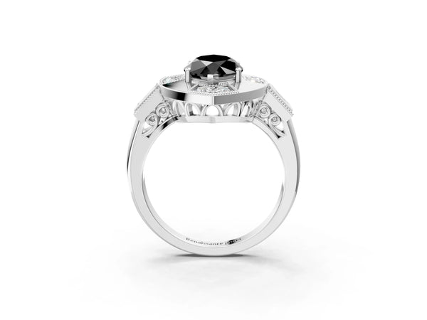 White Gold Marquise Vintage Milgrain Halo Engagement Ring Setting for Black Center