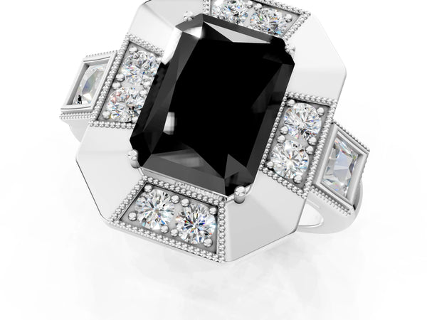 White Gold Radiant Cut Vintage Milgrain Halo Engagement Ring Setting for Black Center