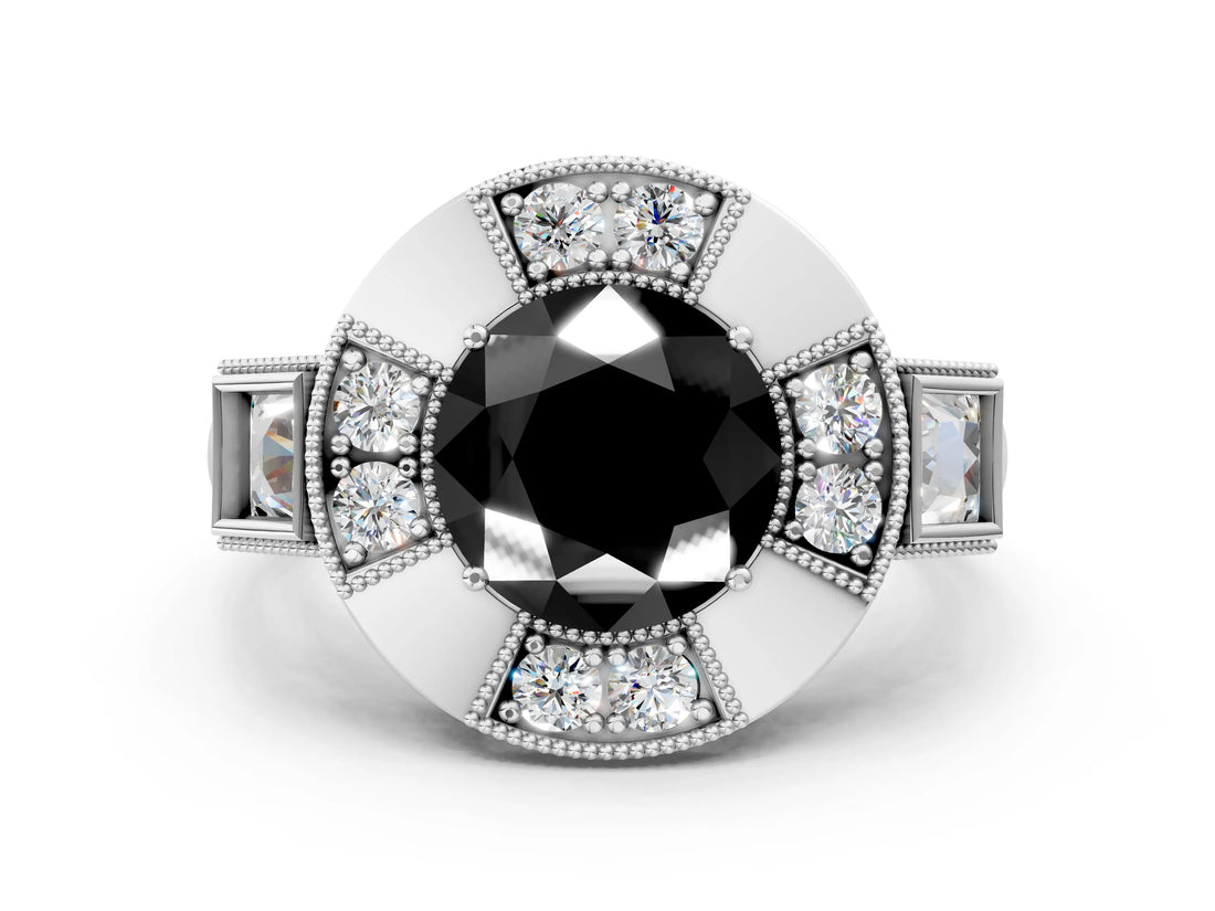White gold Milgrain Fancy Black Round Cut Diamond Halo Split Shank Ring_24