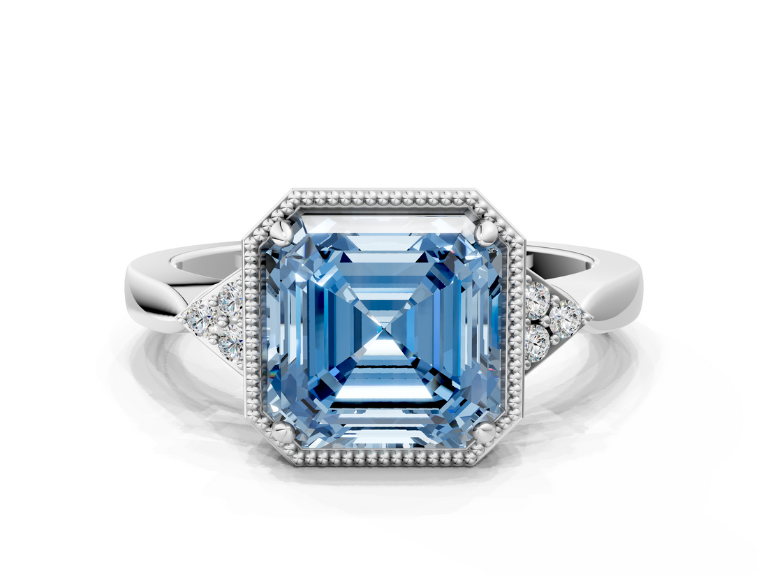 White gold Milgrain Fancy Blue Asscher  Cut Diamond Ring with Tapered Pave Band and Four Prong Setting_17