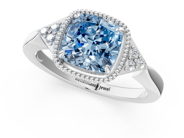 Platinum Milgrain Fancy Blue Cushion  Cut Diamond Ring with Tapered Pave Band and Four Prong Setting