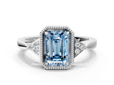 White gold Milgrain Fancy Blue Emerald  Cut Diamond Ring with Tapered Pave Band and Four Prong Setting_3