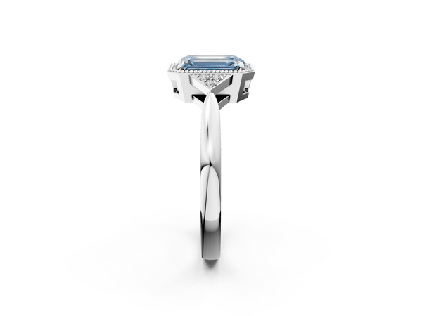 Platinum Milgrain Fancy Blue Emerald  Cut Diamond Ring with Tapered Pave Band and Four Prong Setting
