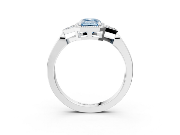 Platinum Milgrain Fancy Blue Emerald  Cut Diamond Ring with Tapered Pave Band and Four Prong Setting