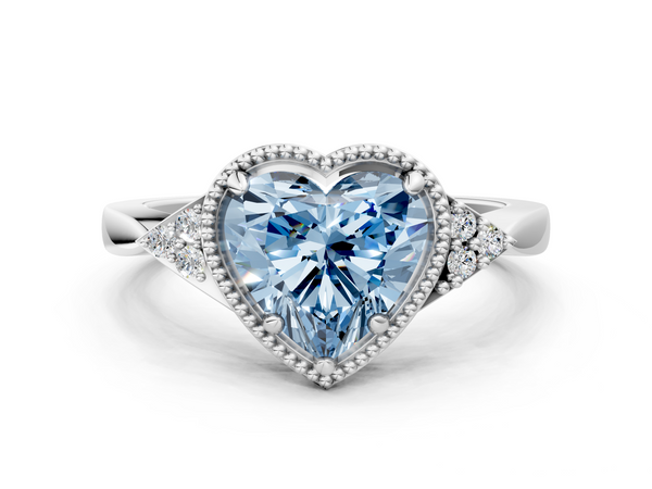 Platinum Milgrain Fancy Blue Heart  Cut Diamond Ring with Tapered Pave Band and Four Prong Setting