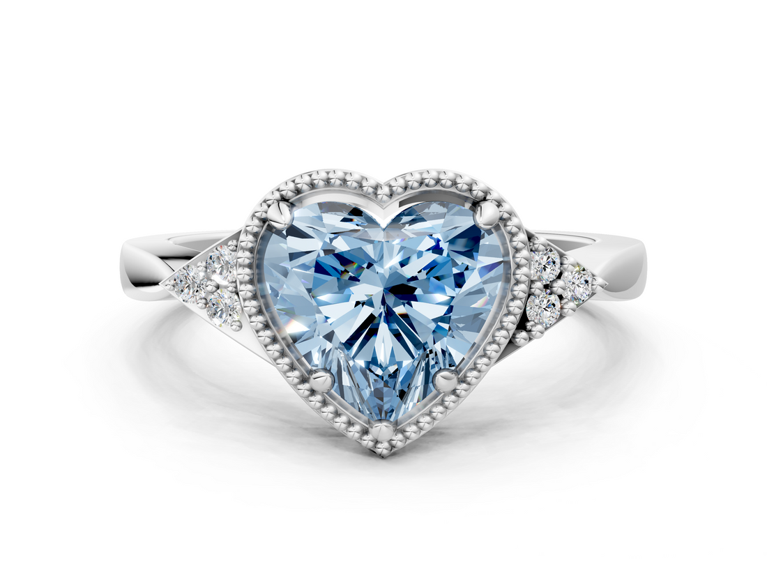 White gold Milgrain Fancy Blue Heart  Cut Diamond Ring with Tapered Pave Band and Four Prong Setting_3
