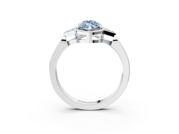 Platinum Milgrain Fancy Blue Marquise  Cut Diamond Ring with Tapered Pave Band and Four Prong Setting