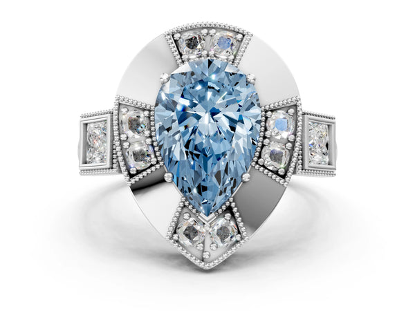White gold Milgrain Fancy Blue Pear Cut Diamond Halo Split Shank Ring