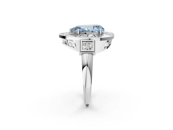 White gold Milgrain Fancy Blue Pear Cut Diamond Halo Split Shank Ring