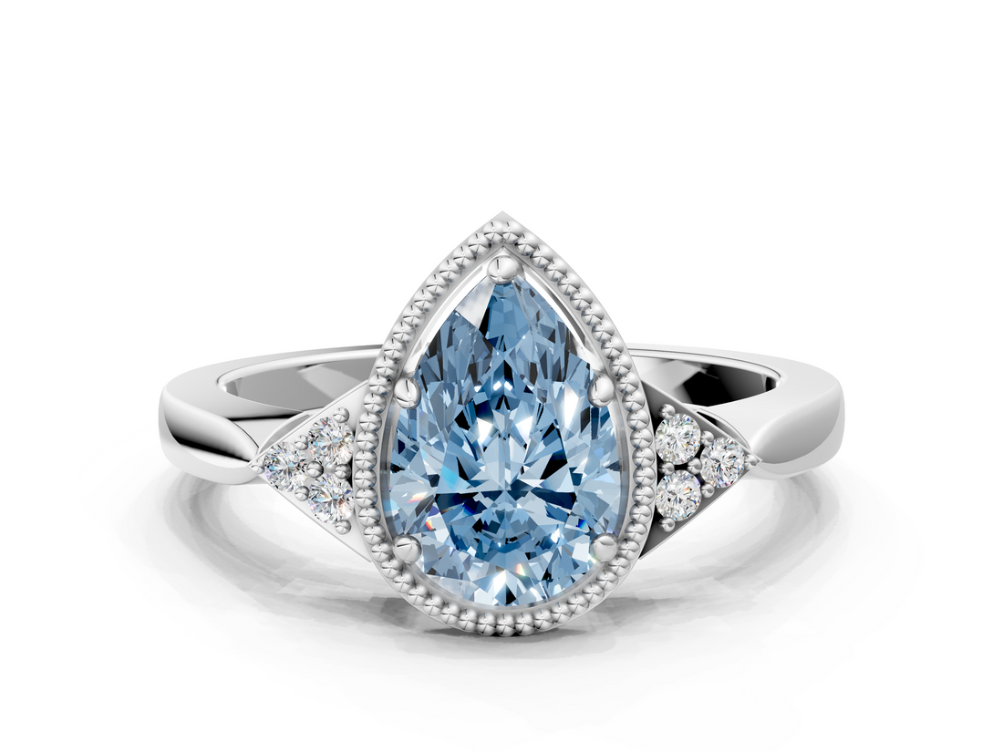 White gold Milgrain Fancy Blue Pear  Cut Diamond Ring with Tapered Pave Band and Four Prong Setting_3