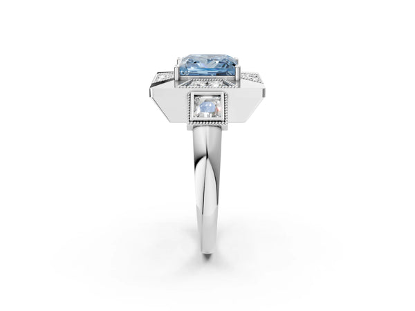 White Gold Princess Cut Vintage Halo Engagement Ring Setting for Fancy Blue Center - Design RJ-711