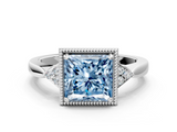 White gold Milgrain Fancy Blue Princess  Cut Diamond Ring with Tapered Pave Band and Four Prong Setting_3