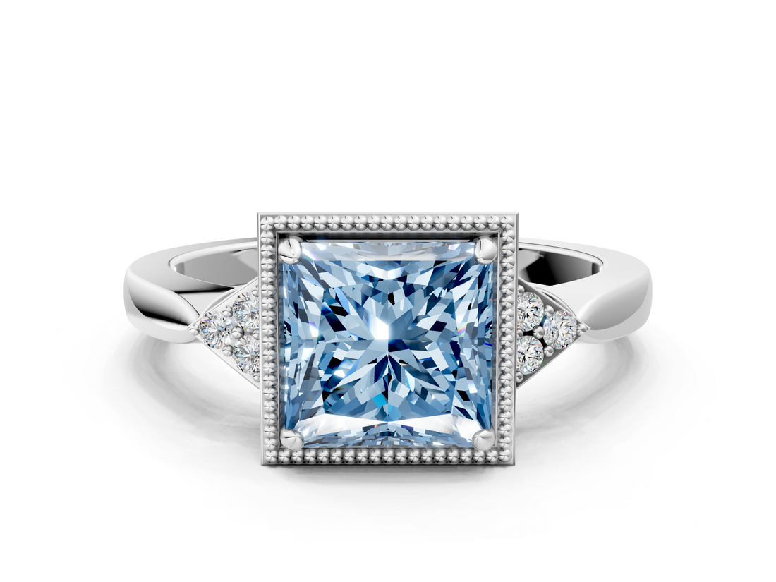 White gold Milgrain Fancy Blue Princess  Cut Diamond Ring with Tapered Pave Band and Four Prong Setting_3