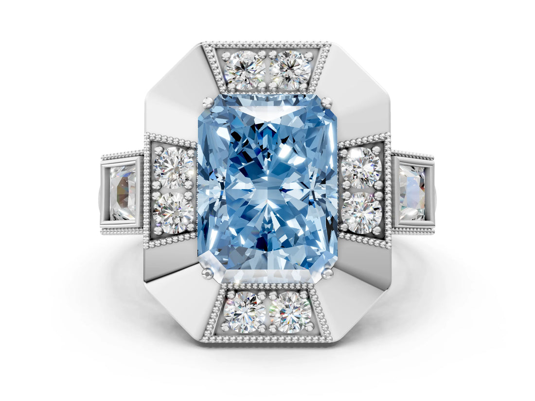 White gold Milgrain Fancy Blue Radiant Cut Diamond Halo Split Shank Ring_24
