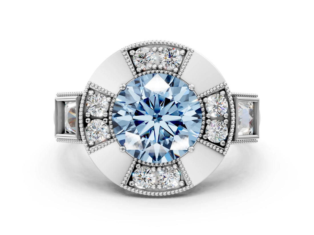 White gold Milgrain Fancy Blue Round Cut Diamond Halo Split Shank Ring_24
