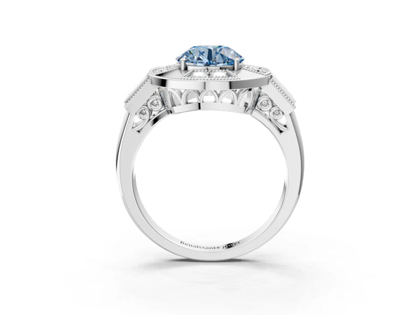 White gold Milgrain Fancy Blue Round Cut Diamond Halo Split Shank Ring