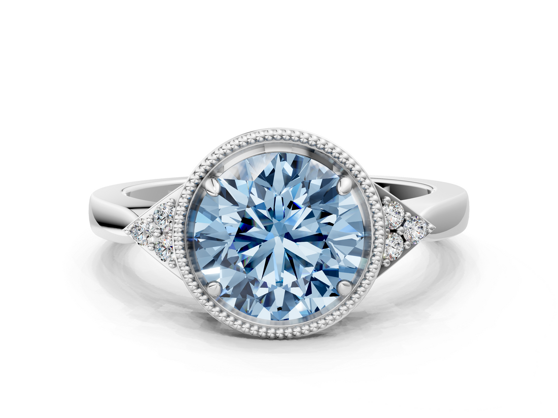 White gold Milgrain Fancy Blue Round  Cut Diamond Ring with Tapered Pave Band and Four Prong Setting_3