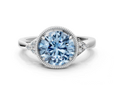 White gold Milgrain Fancy Blue Round  Cut Diamond Ring with Tapered Pave Band and Four Prong Setting_3