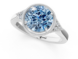 White gold Milgrain Fancy Blue Round  Cut Diamond Ring with Tapered Pave Band and Four Prong Setting_4