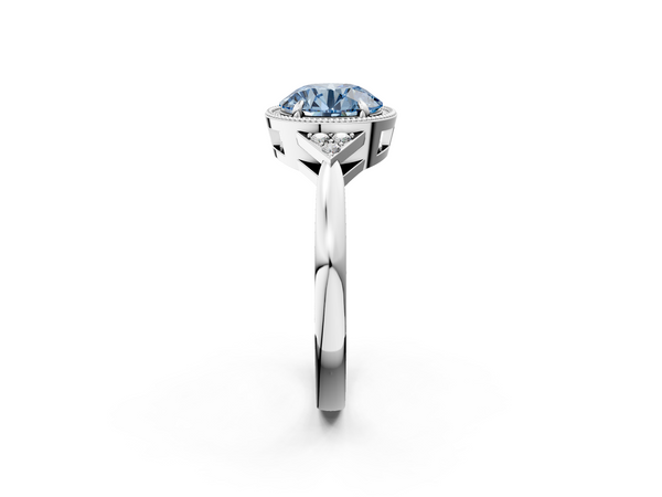 White gold Milgrain Fancy Blue Round  Cut Diamond Ring with Tapered Pave Band and Four Prong Setting