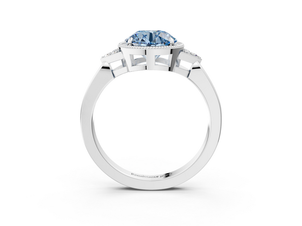 White gold Milgrain Fancy Blue Round  Cut Diamond Ring with Tapered Pave Band and Four Prong Setting