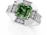 White gold Milgrain Fancy Green Asscher Cut Diamond Halo Split Shank Ring_1