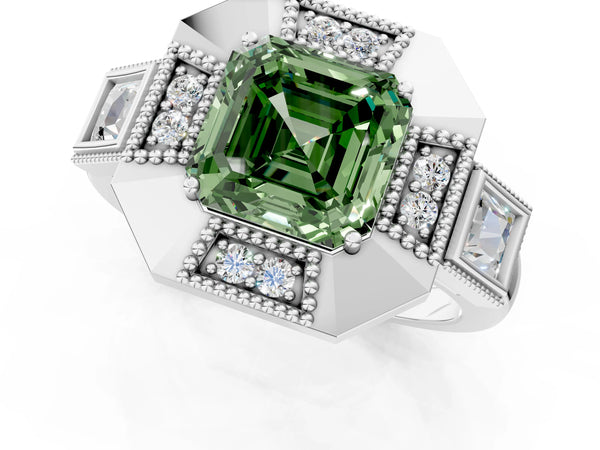 White Gold Asscher Cut Vintage Halo Engagement Ring Setting for Fancy Green Center - Design RJ-711