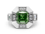 White gold Milgrain Fancy Green Asscher Cut Diamond Halo Split Shank Ring
